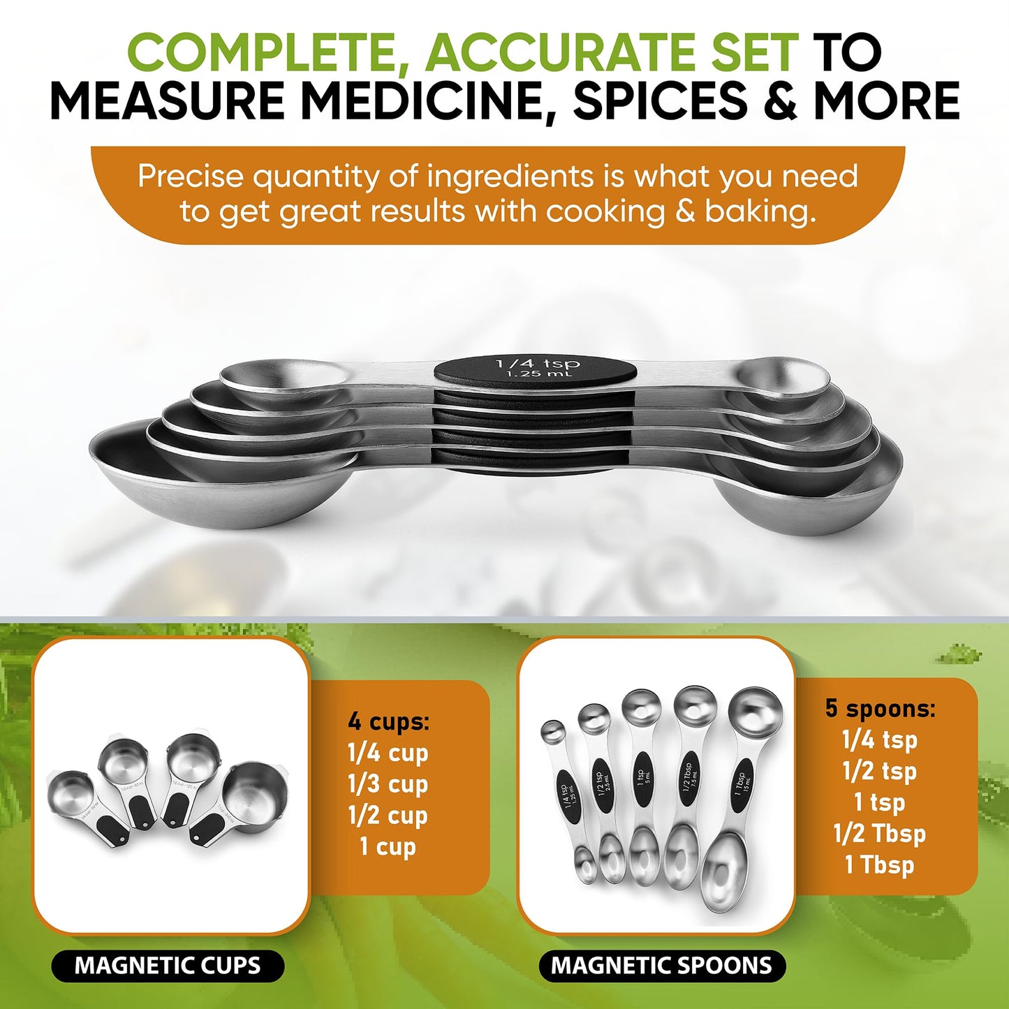 Stainless Steel Measuring Cups & Spoons Set with Magnetic Handles for Cooking
