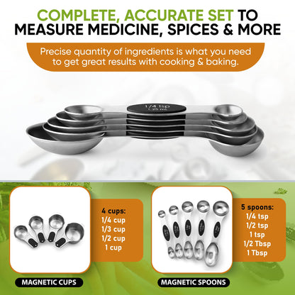 Stainless Steel Measuring Cups & Spoons Set with Magnetic Handles for Cooking