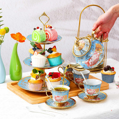 21-Piece Porcelain Tea Set with Teapot, Cups & Cake Stand for Entertaining