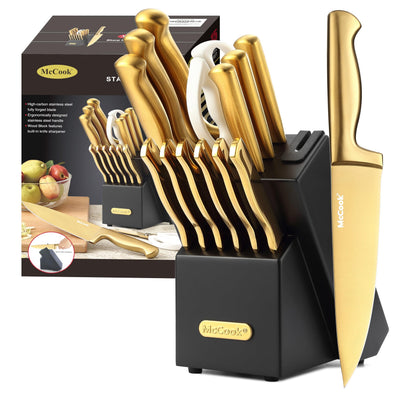 German Stainless Steel Kitchen Knife Set with Block and Built-In Sharpener