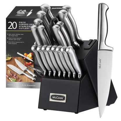German Stainless Steel Kitchen Knife Set with Block and Built-In Sharpener