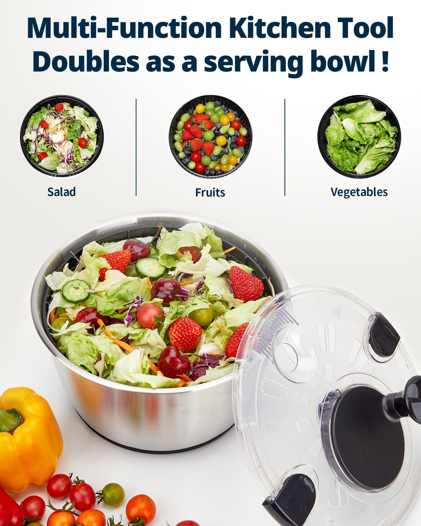 6.34Qt Stainless Steel Salad Spinner with Drain and Non-Slip Base