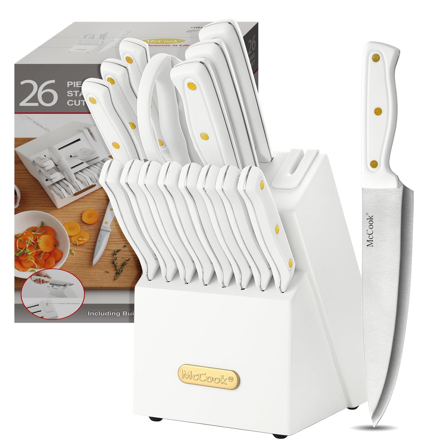 German Stainless Steel Kitchen Knife Set with Block and Built-In Sharpener