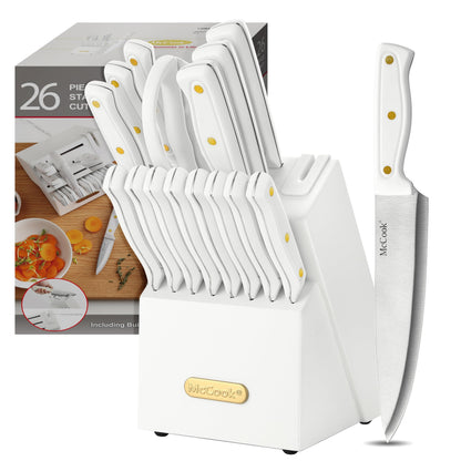 German Stainless Steel Kitchen Knife Set with Block and Built-In Sharpener