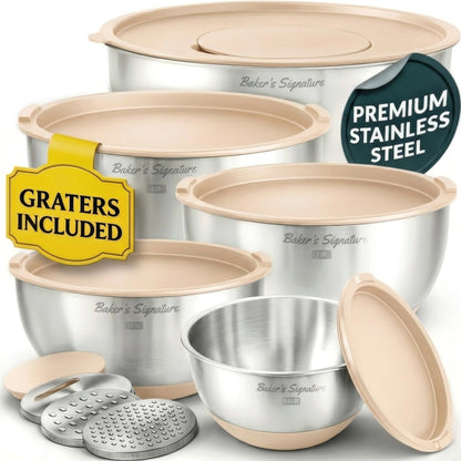 Stainless Steel Mixing Bowl Set with Lids, Graters & Non-Slip Base