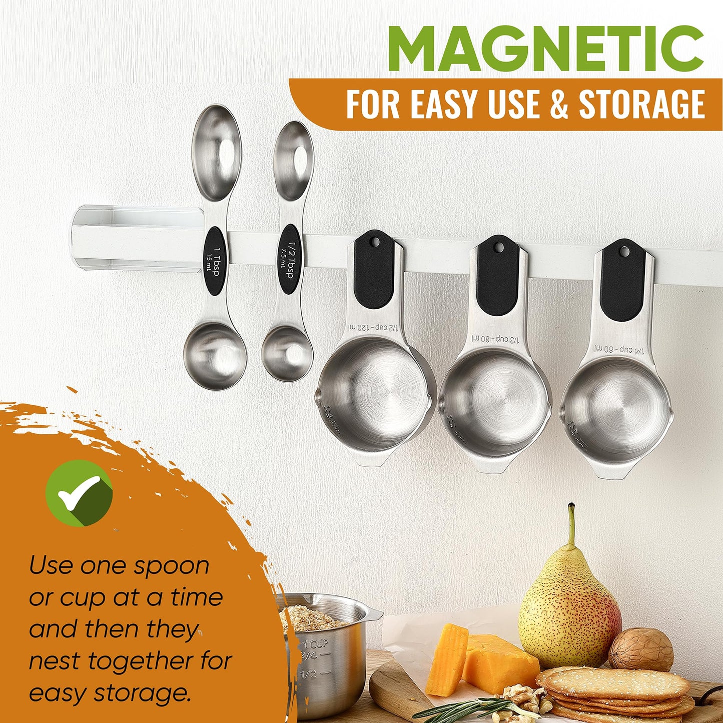 Stainless Steel Measuring Cups & Spoons Set with Magnetic Handles for Cooking