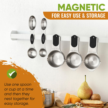 Stainless Steel Measuring Cups & Spoons Set with Magnetic Handles for Cooking