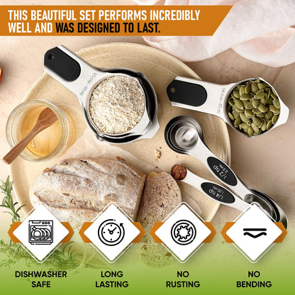 Stainless Steel Measuring Cups & Spoons Set with Magnetic Handles for Cooking