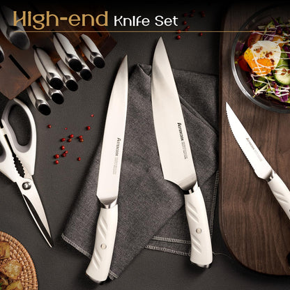 15-Piece Stainless Steel Kitchen Knife Set with Block and Dual Sharpener