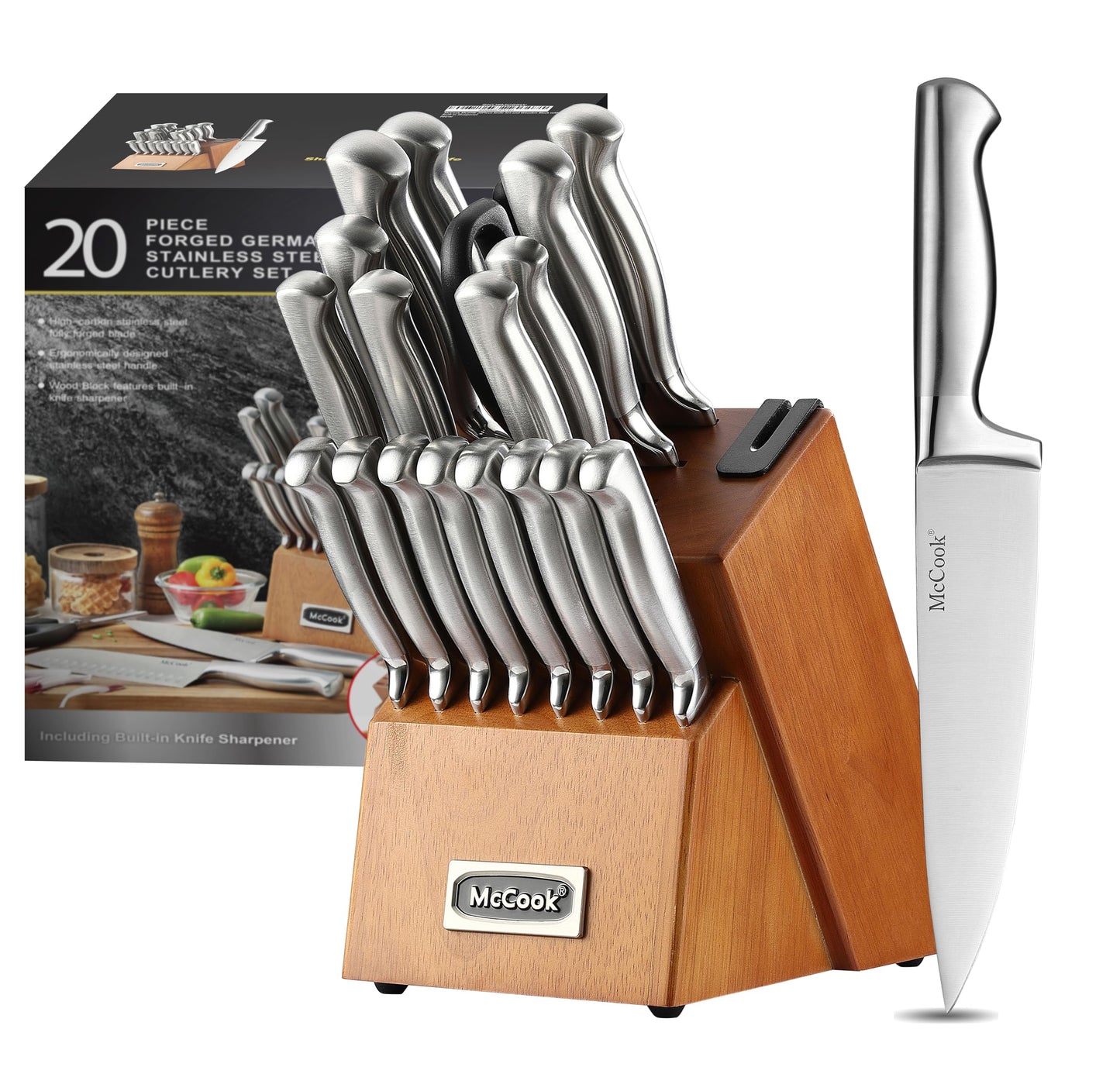 German Stainless Steel Kitchen Knife Set with Block and Built-In Sharpener