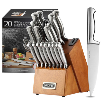 German Stainless Steel Kitchen Knife Set with Block and Built-In Sharpener